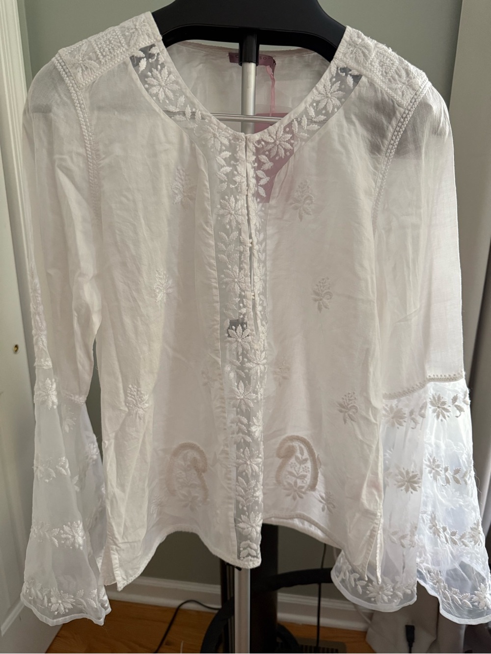 Calypso St Barth White Embroidered Cotton Boho Peasant Blouse Bell Sleeve M
